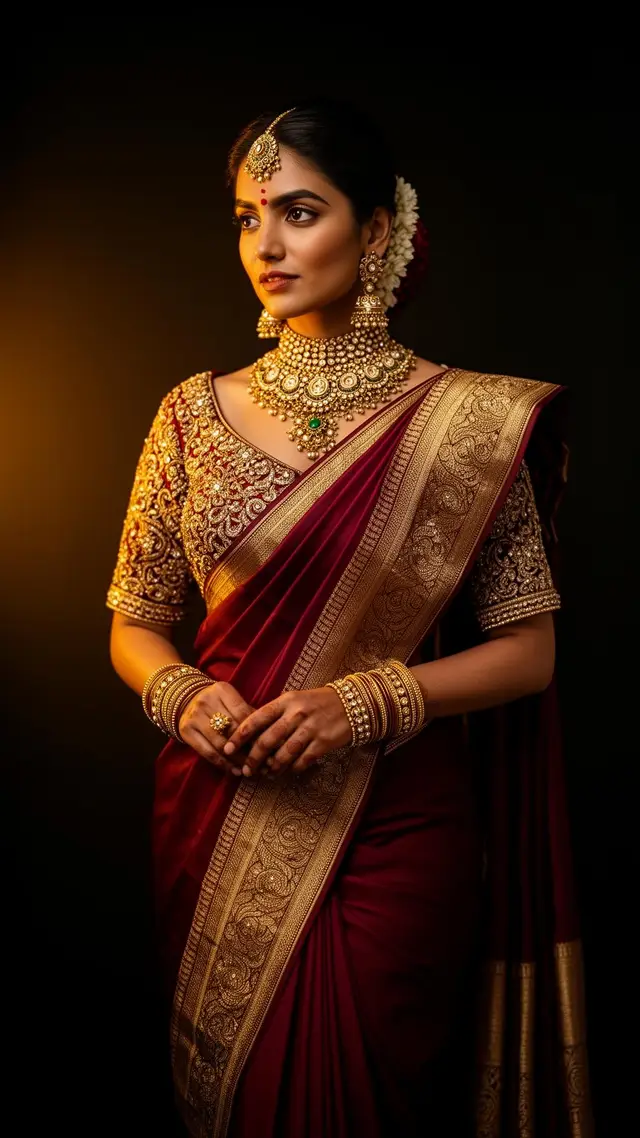 Indian bride in maroon kanjivaram bridal saree with gold maggam blouse